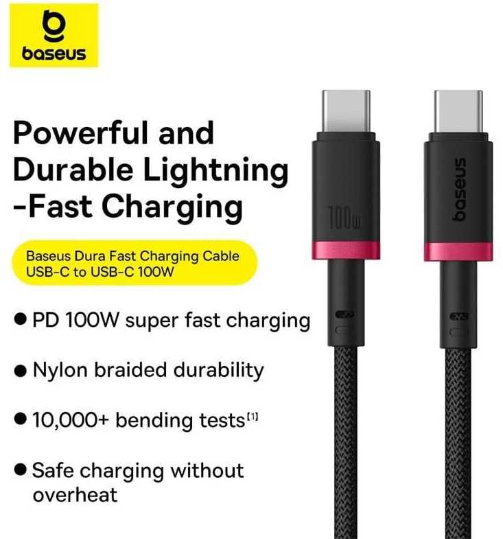 Baseus Dura Type C to Type C 100 W fast charging cable 1 m Juodas, Raudona