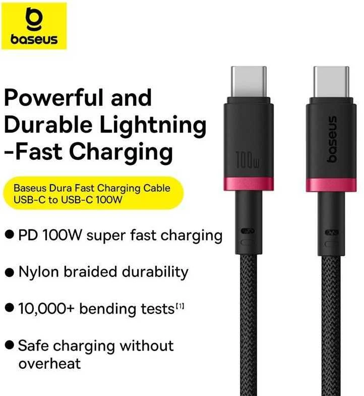 Baseus Dura Type C to Type C 100 W fast charging cable 2 m Juodas, Raudona