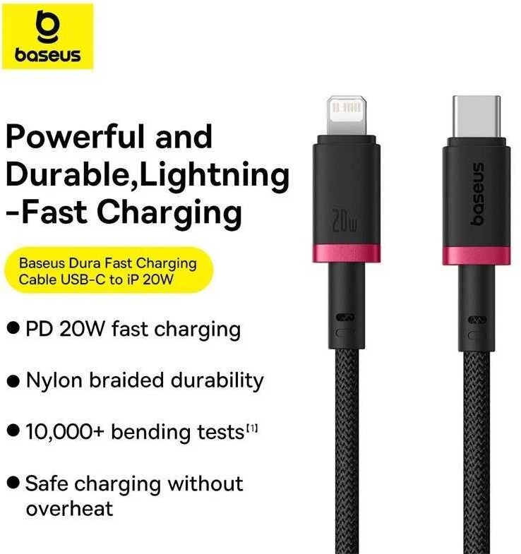 Baseus Dura Type C fast charging cable for iP 20 W 1 m Juodas, Raudona