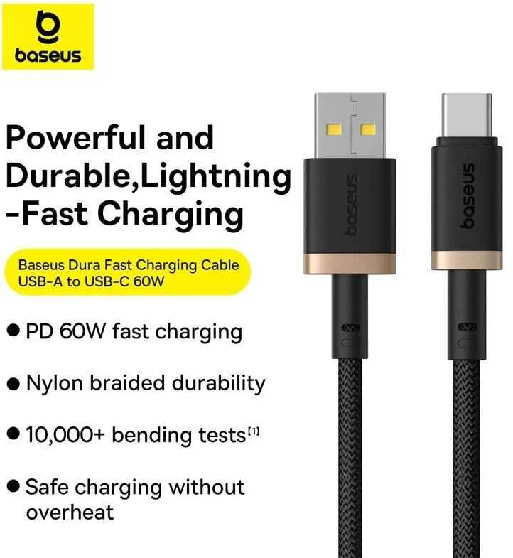 Baseus Dura USB Type A iki Type C 60 W greito įkrovimo laidas 2 m Juodas, Gold