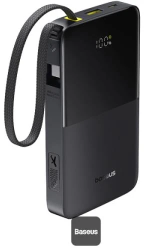 LiPo išorinis akumuliatorius (PowerBank) 10000mAh 22.5W USB + USB-C su integruotu USB-C kabeliu EnerFill Bipow2 juodas BASEUS