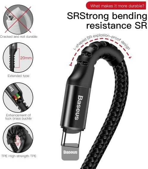 Kabelis Baseus spiralinis USB2.0 A kištukas - IP žaibo kištukas 1 m. su nailoniniu šarvu Fish ey