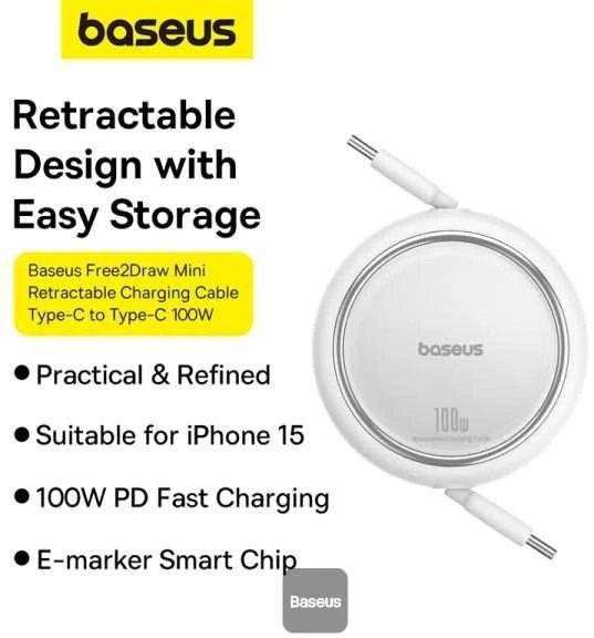 Laidas iš USB-C į USB-C Baseus Free2Draw, PD, 100 W, 1 m (baltas)