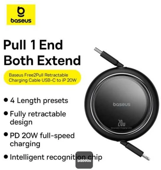 USB kabelis Baseus Free2Pull USB-C iki iP 20W 1m (juodas)