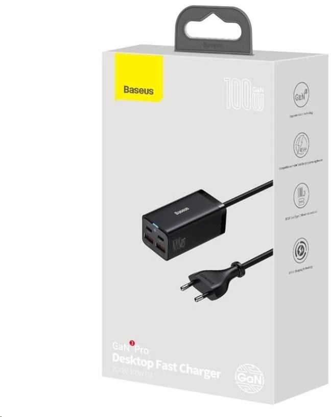 Baseus GaN3 Pro greitas universalus įkroviklis GaN 2 x C tipo USB / 2x USB 100W PD3.0, QC4.0+, AFC, juodas (CCGP000101)