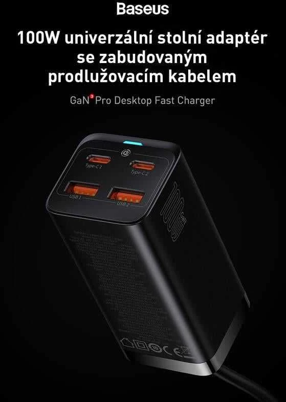 Baseus GaN3 Pro greitas universalus įkroviklis GaN 2 x C tipo USB / 2x USB 100W PD3.0, QC4.0+, AFC, juodas (CCGP000101)