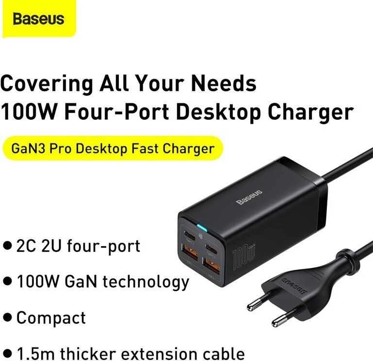 Baseus GaN3 Pro greitas universalus įkroviklis GaN 2 x C tipo USB / 2x USB 100W PD3.0, QC4.0+, AFC, juodas (CCGP000101)