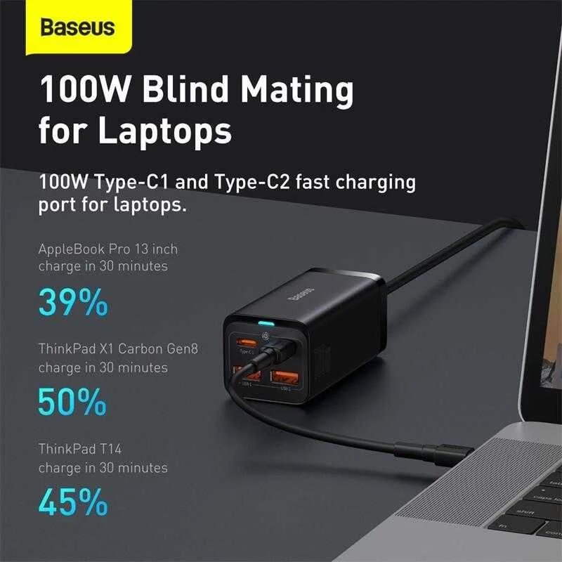 Baseus GaN3 Pro greitas universalus įkroviklis GaN 2 x C tipo USB / 2x USB 100W PD3.0, QC4.0+, AFC, juodas (CCGP000101)