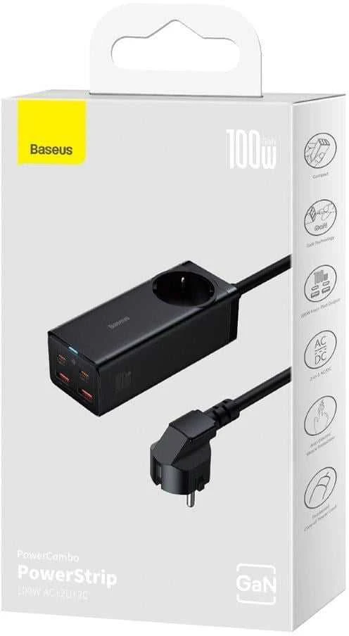 Baseus GaN3 Pro sieninis įkroviklis / maitinimo juosta 2xUSB + 2xUSB-C + AC 100W juodas