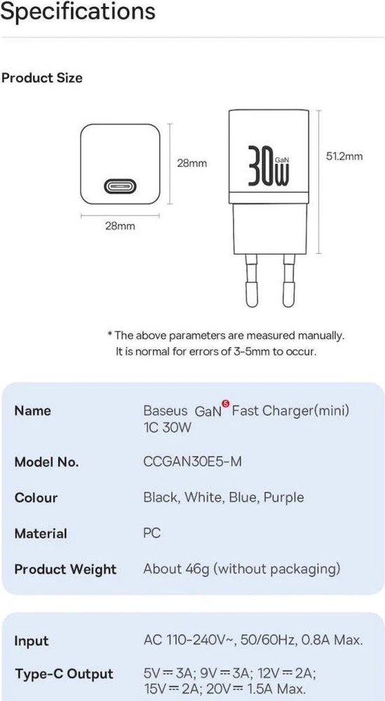 Baseus GaN5 30W su kablem 100W USB-C do USB-C - juoda