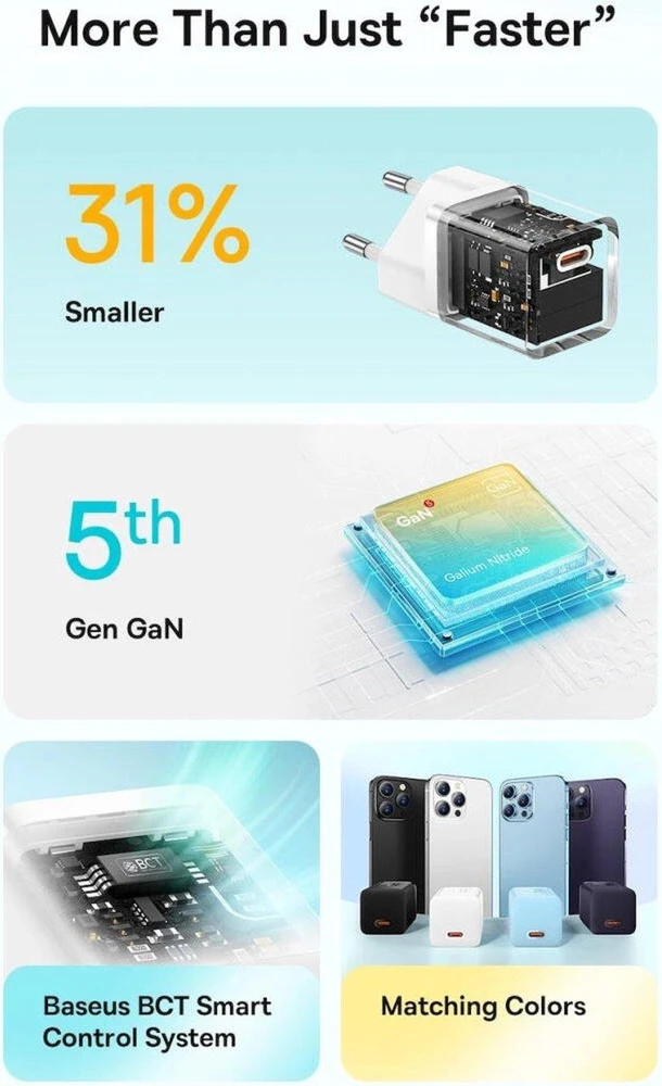 Baseus GaN5 30W su kablem 100W USB-C do USB-C - juoda