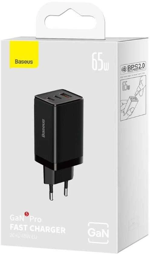 Baseus GaN5 Pro sieninis įkroviklis 2xUSB-C + USB 65W Juodas