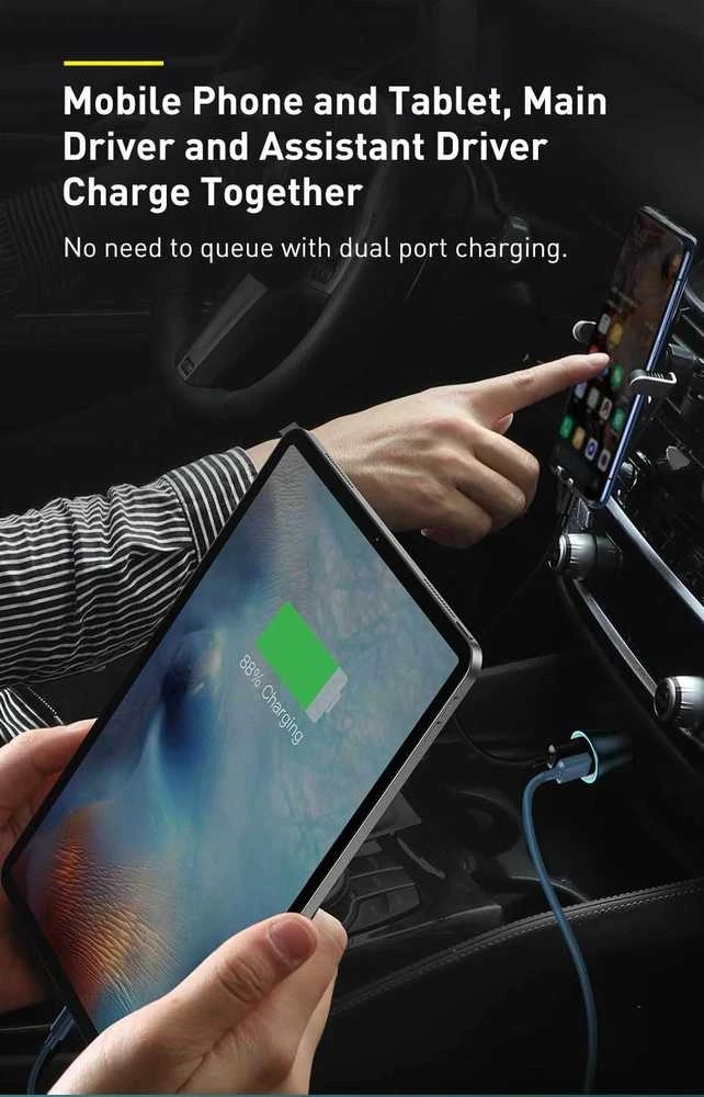 Baseus Automobilinis įkroviklis 40W 12-24V USB + USB-C QC4+ PD3.0 SCP FCP AFC, pilkas