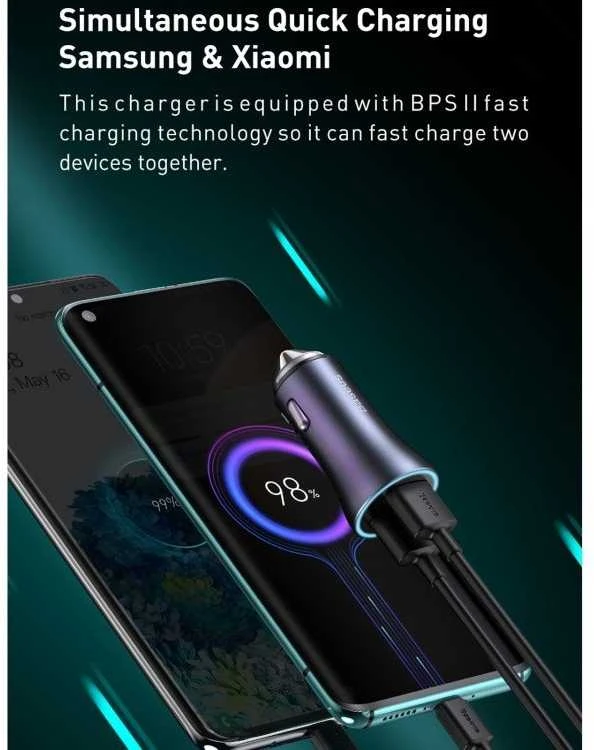 Baseus Automobilinis įkroviklis 40W 12-24V USB + USB-C QC4+ PD3.0 SCP FCP AFC, pilkas