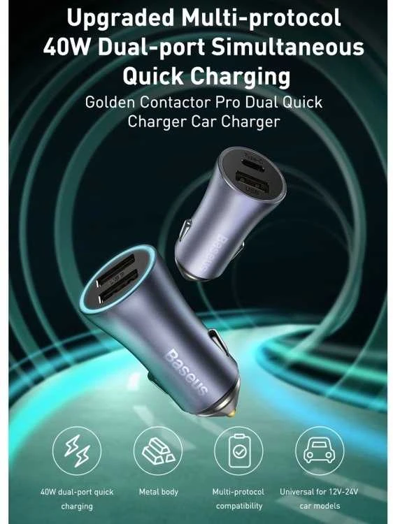 Baseus Automobilinis įkroviklis 40W 12-24V USB + USB-C QC4+ PD3.0 SCP FCP AFC, pilkas