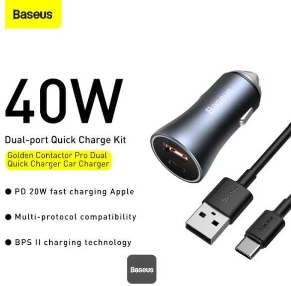 Baseus Golden Contactor Pro USB + USB-C QC4.0 + PD SCP 40W automobilinis įkroviklis + USB - USB-C kabelis 1m