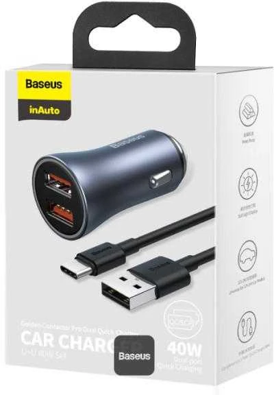 Baseus Automobilinis įkroviklis 40W 12-24V 2xUSB QC4.0 SCP FCP AFC su USB-C 1m laidu, pilkas