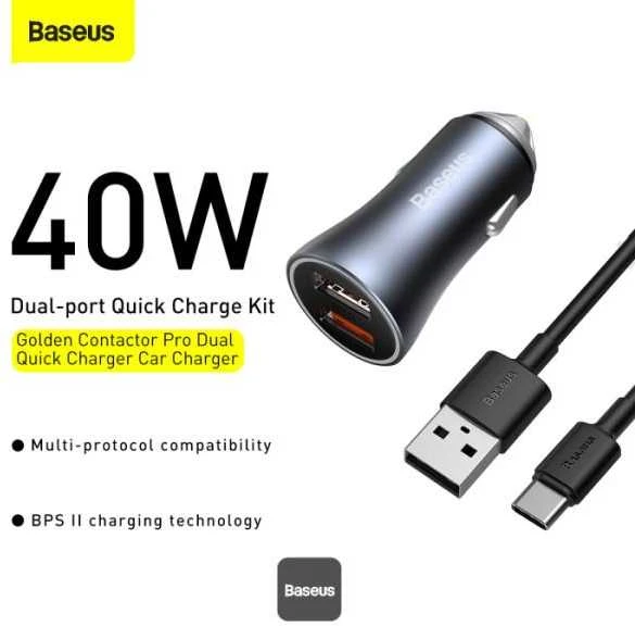 Baseus Automobilinis įkroviklis 40W 12-24V 2xUSB QC4.0 SCP FCP AFC su USB-C 1m laidu, pilkas