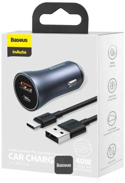 Baseus Golden Contactor Pro USB + USB-C QC4.0 + PD SCP 40W automobilinis įkroviklis + USB - USB-C kabelis 1m