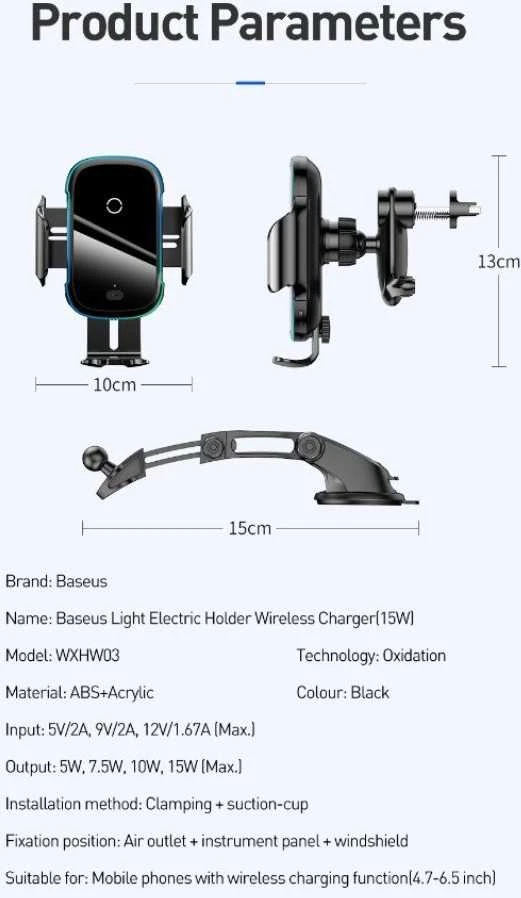Baseus Light Electric Automobilinis laikiklis su Qi belaidžiu įkrovimu - Juodas