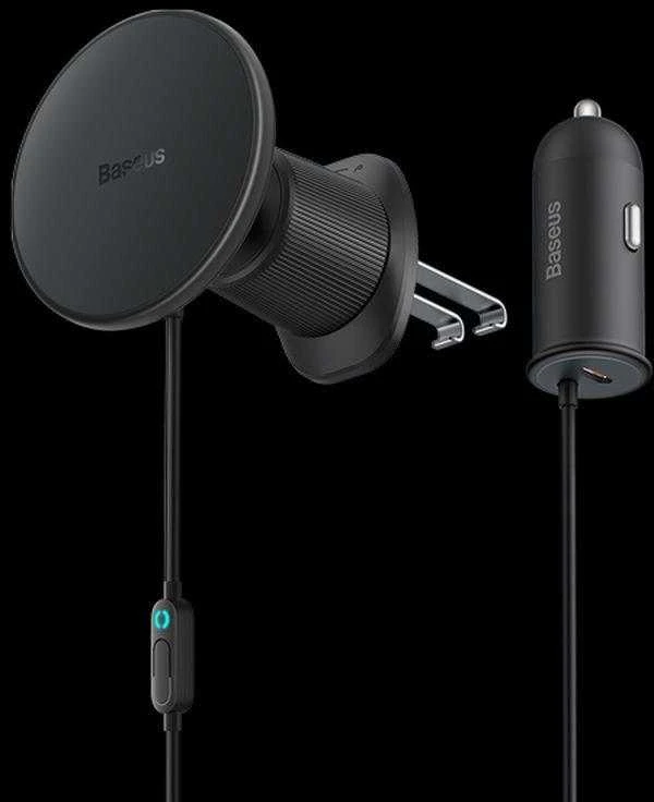 Magnetinis automobilinio telefono laikiklis Baseus CW01 prie ventiliacijos tinklelio su automobiliniu įkrovikliu USB-C, 15W + 25W (juodas)