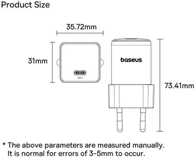 Baseus Sieninis įkroviklis Palm 20W USB-C QC3.0 PD3.0, baltas