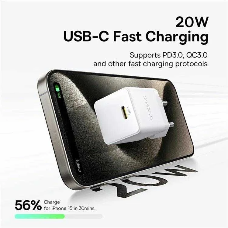 Baseus Sieninis įkroviklis Palm 20W USB-C QC3.0 PD3.0, baltas