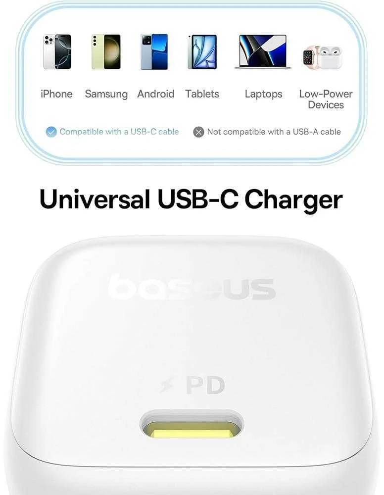 Baseus Sieninis įkroviklis PicoGo GaN 45W USB-C QC PD, baltas