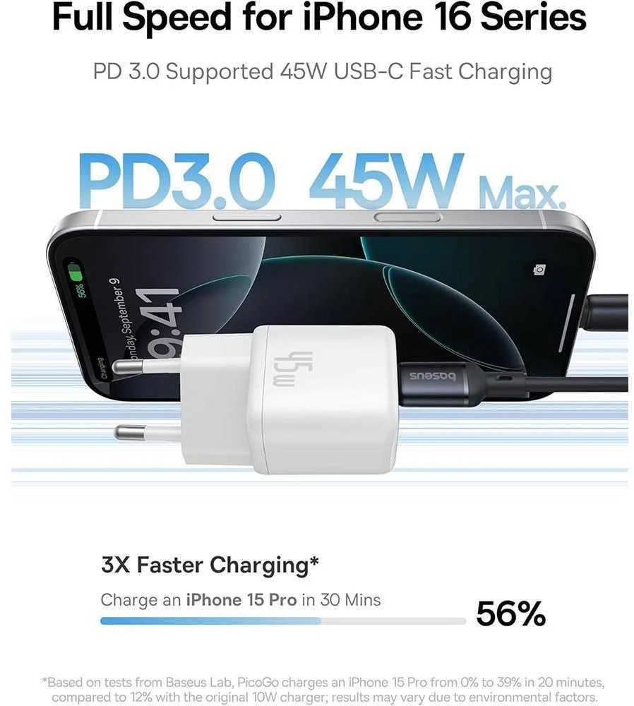 Baseus Sieninis įkroviklis PicoGo GaN 45W USB-C QC PD, baltas