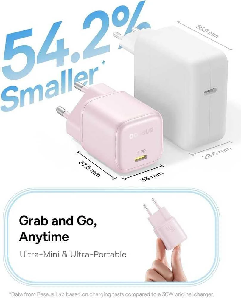 Įkroviklis Baseus PicoGo GaN 1x USB-C 45W Rožinė (P10176800413-00)