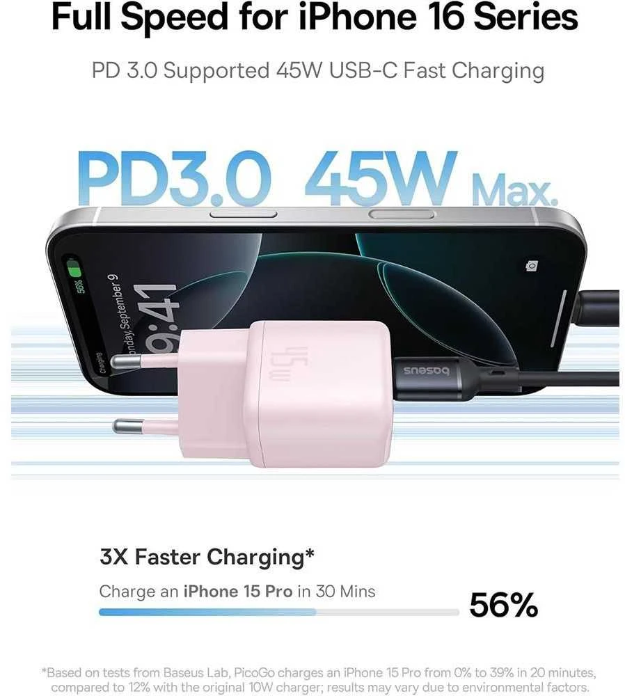 Įkroviklis Baseus PicoGo GaN 1x USB-C 45W Rožinė (P10176800413-00)