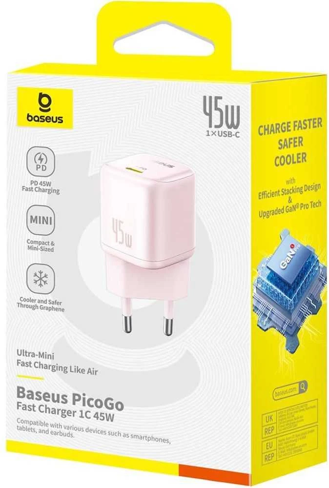 Įkroviklis Baseus PicoGo GaN 1x USB-C 45W Rožinė (P10176800413-00)