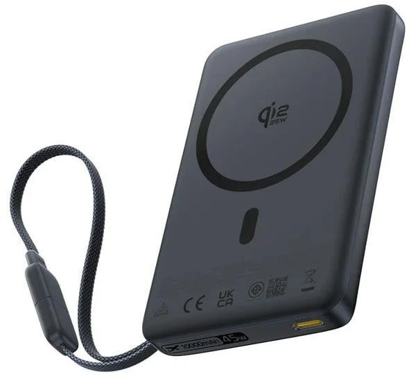 Baseus PicoGo Qi2.2 10 000 mAh belaidis išorinis akumuliatorius, 45 W, su USB-C kabeliu, juodas