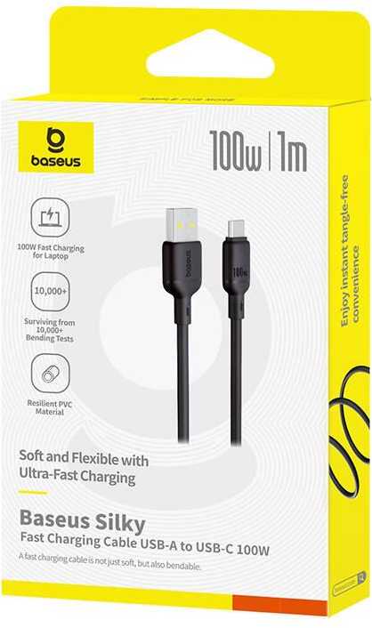 Baseus Silky USB/USB-C greito įkrovimo laidas 1m 100W Juodas