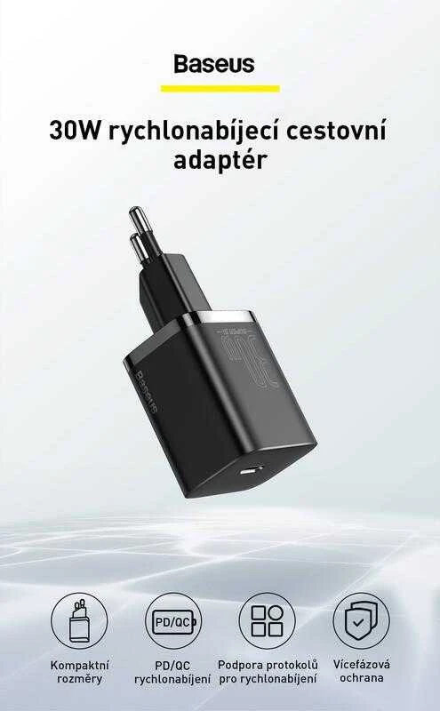 Baseus Sieninis įkroviklis Super Si 30W USB-C QC3.0 PD, juodas