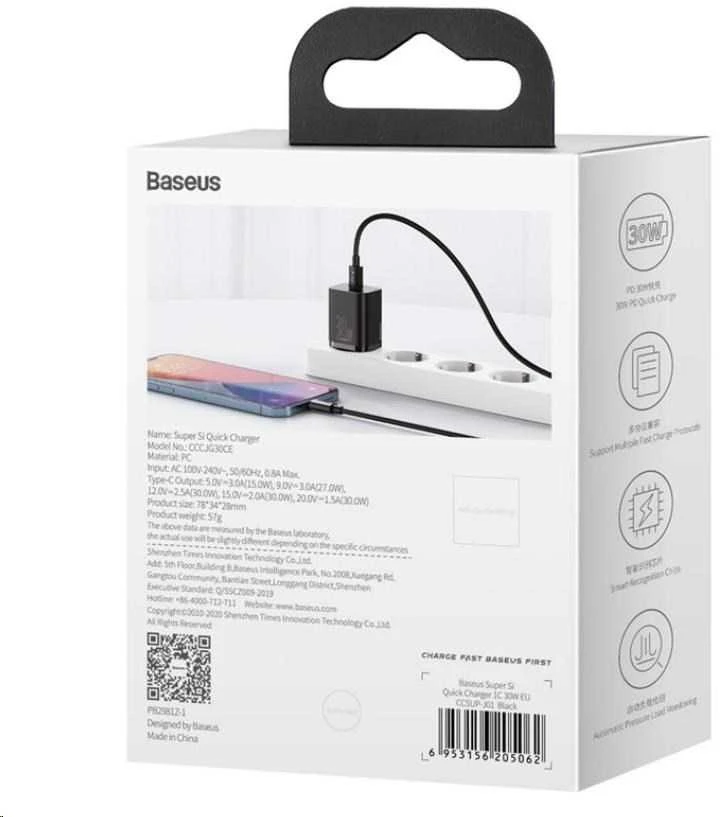 Baseus Sieninis įkroviklis Super Si 30W USB-C QC3.0 PD, juodas