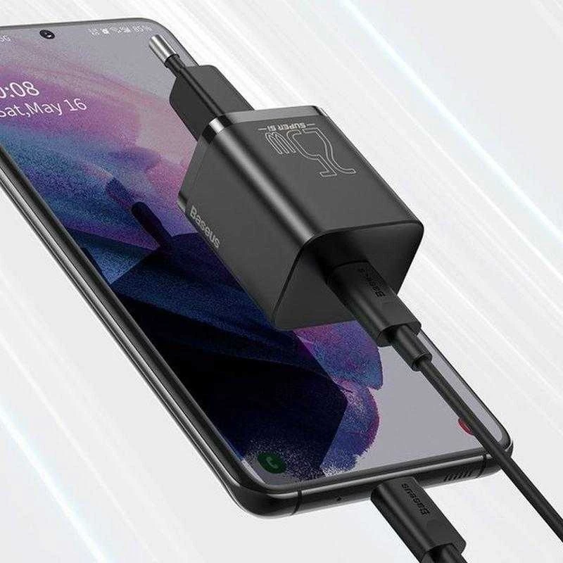 Baseus Super Si greitas įkroviklis 1C 25W su USB-C - USB-C kabelis 1m - Juodas