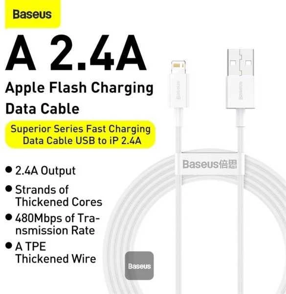 Kabelis USB A - IP Lightning 1.0m baltas Superior serijos BASEUS