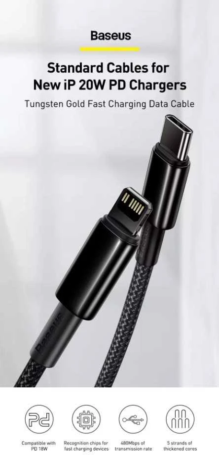 Baseus USB C tipo laidas - žaibiškai greitas įkrovimas su maitinimo šaltiniu 20W 2m Juodas (Juodas)