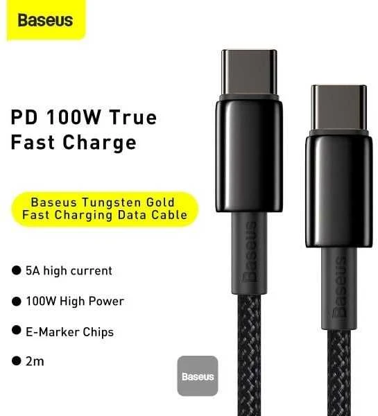 „Baseus Tungsten Gold“ greito įkrovimo duomenų kabelis Type-C į Type-C 100W 2m Juodas (Juodas)