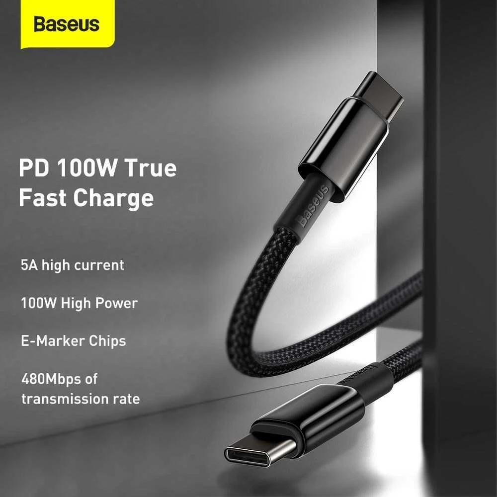 „Baseus Tungsten Gold“ greito įkrovimo duomenų kabelis Type-C į Type-C 100W 2m Juodas (Juodas)