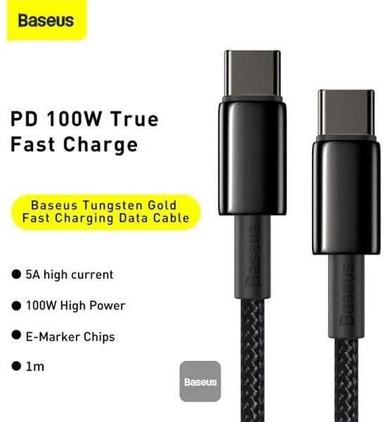 USB laidas Baseus Tungsten Gold Fast Data Type-C iki Type-C 100W 1.0m juodas CATWJ-01