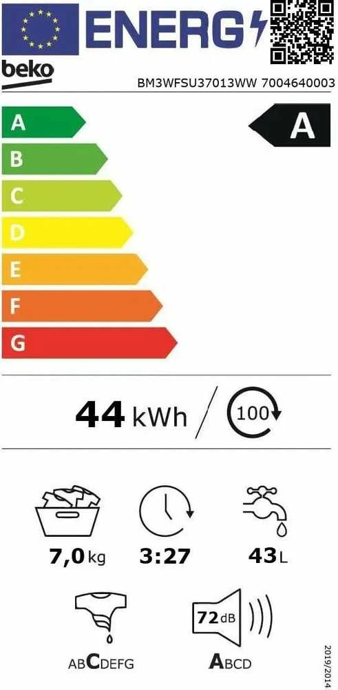 BEKO Skalbimo mašina BM3WFSU37013WW, 7kg, Energy class A, 49.6 cm, 1000 rpm, Inverter motor, Steam Cure