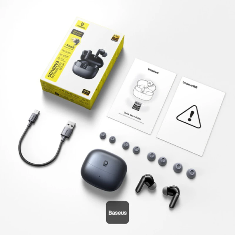 Baseus Belaidės Bluetooth 6.0 ausinės Bass BP1 Pro su triukšmo slopinimu ir įkrovimo dėklu, juodos