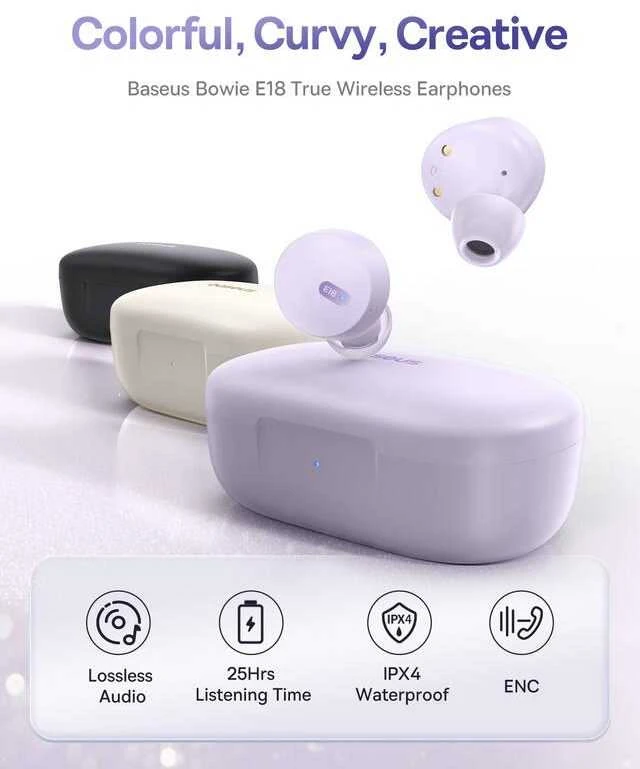 BASEUS belaidės bluetooth ausinės TWS ENC IPX4 Bowie E18 baltas