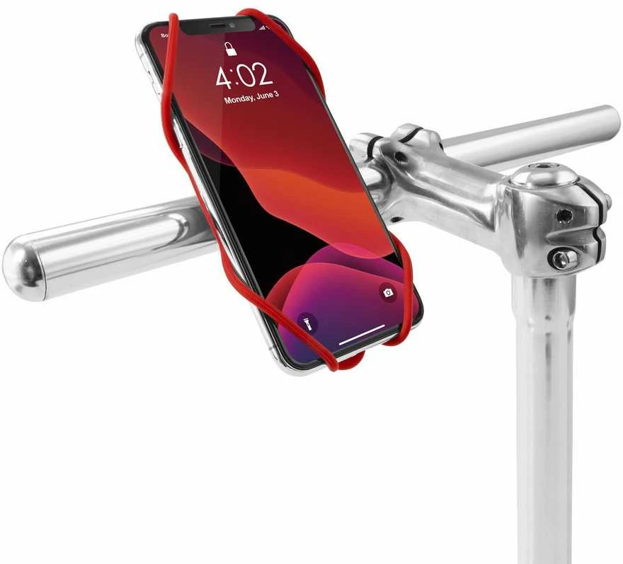 „Bone Bike Tie 3“ mobiliojo telefono laikiklis, laikiklis dviračiui, reguliuojamas dydis, raudonas, 4,7–7,2 colio, silikonas, pritvirtintas prie vairo, dalis