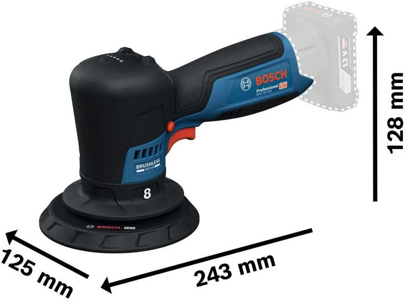 Bosch GPX 12V-125 poliruoklio techniniai išmatavimai