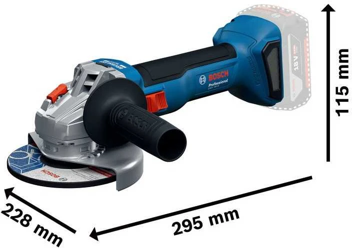 Bosch akumuliatorinis kampinis šlifuoklis su matmenimis