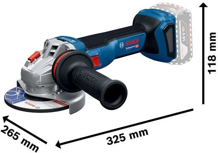Bosch GWS 18V-11 kampinė šlifuoklė su matmenų schema