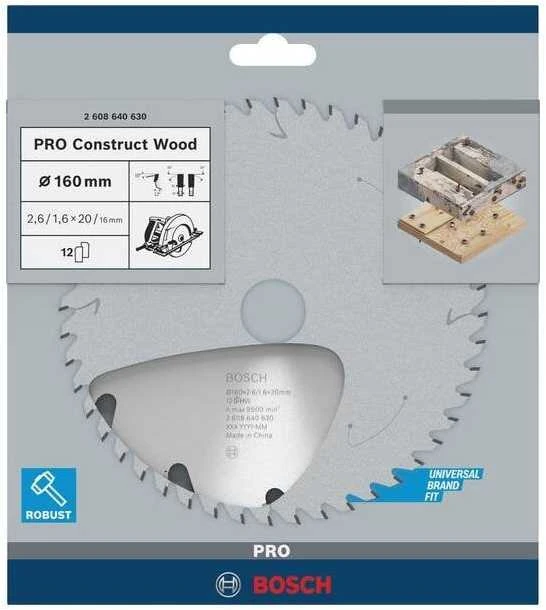 „Bosch PRO Construct“ medienos pjovimo įrankis 160x20x2,6/1,6x12T